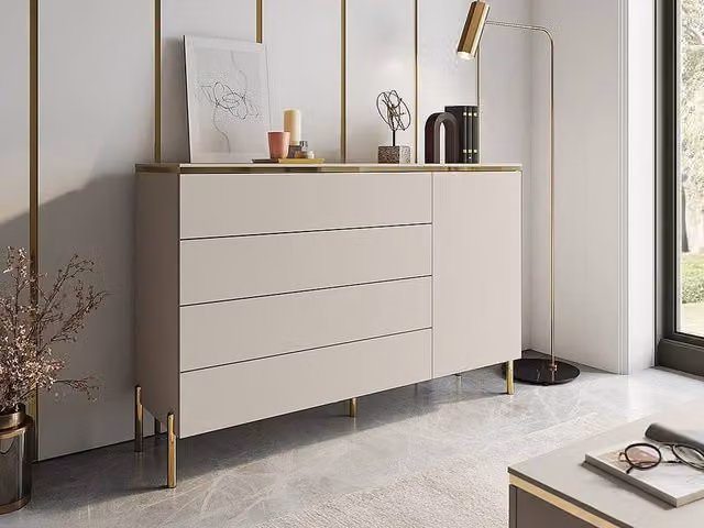 Vente-unique Chest of Drawers with 4 Drawers and 1 Cupboard in Beige and Gold – 1