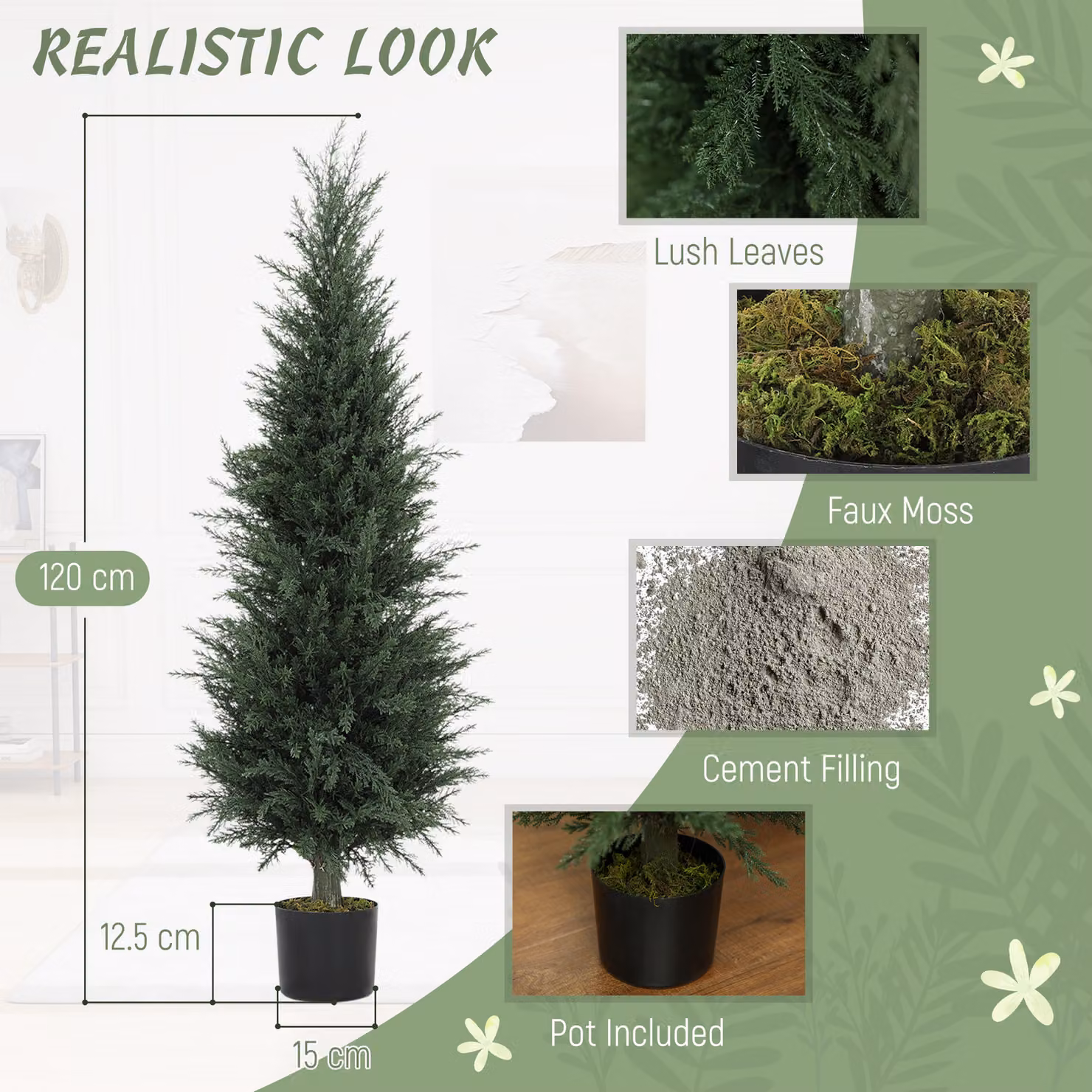 HOMCOM Set of 2 Green Artificial Cypress Trees with 638 Leaves, Height: 120 cm, UV-Resistant Plastic Fake Trees for Indoor and Outdoor Use – 4