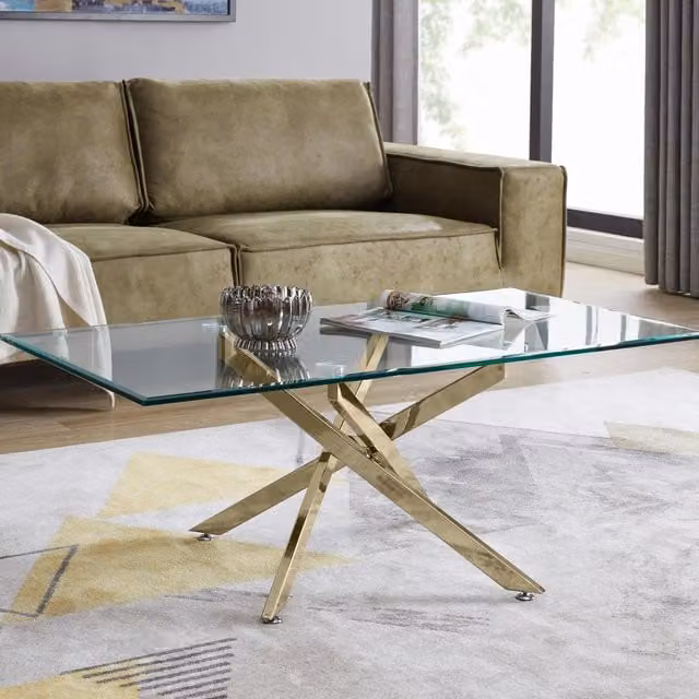 FurnitureboxUK Leonardo Rectangular Glass Coffee Table with Gold Metal Legs