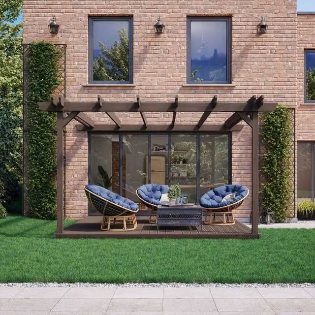 Rutland County Garden Furniture Ltd Wall Mounted Double Garden Pergola and Decking Kit, Brown, Width: 480 cm