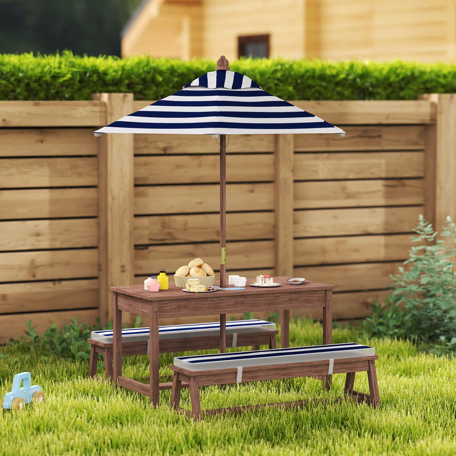AIYAPLAY Outdoor Wooden Kids Picnic Table and Bench Set with Cushions and Umbrella in Navy Blue – 2