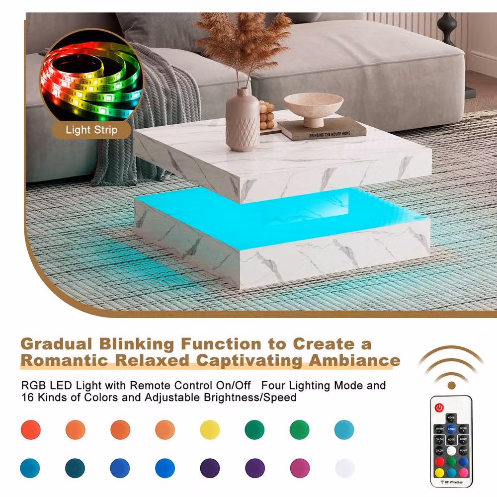 KEEPREAPER Modern Square Coffee Table with Storage and LED Light in White Marble Finish – 6