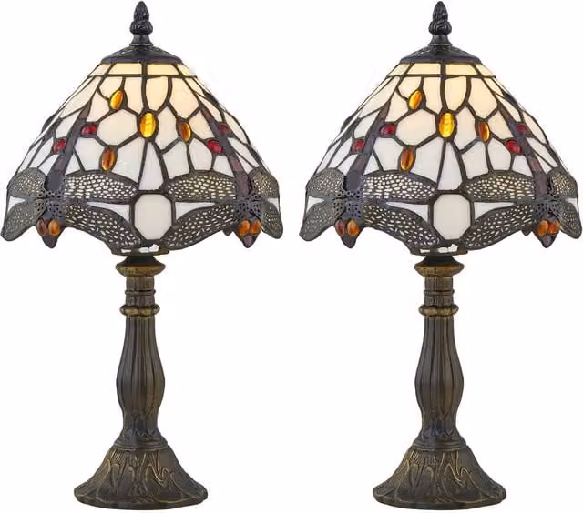 First Choice Lighting Basil Tiffany Dragonfly Set of 2 Table Lamps in Bronze and Multicolour, Height: 36 cm – 1