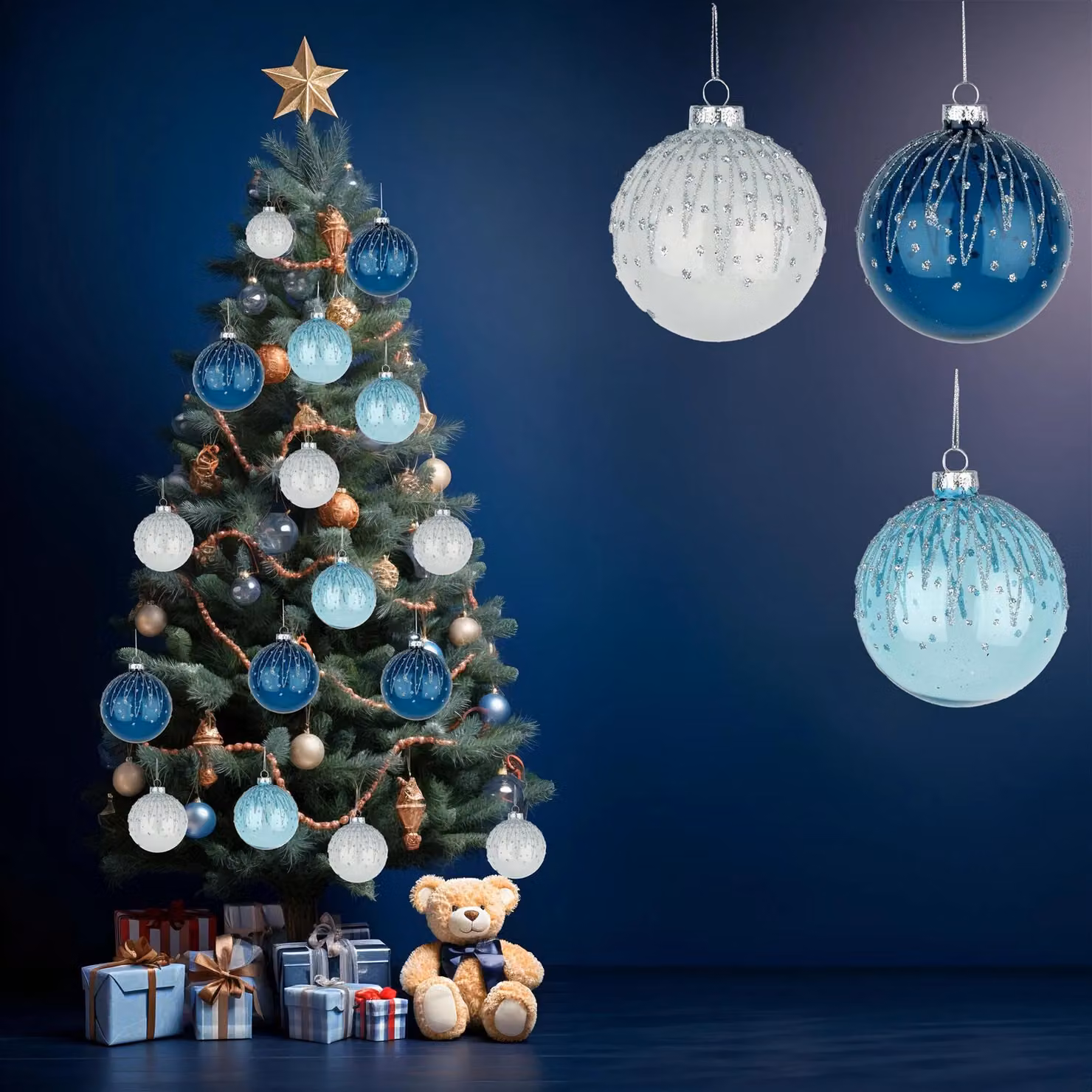 Shatchi 12-Piece Set of Blue and White Glass Christmas Baubles, 8 cm Round Hanging Ornaments – 10
