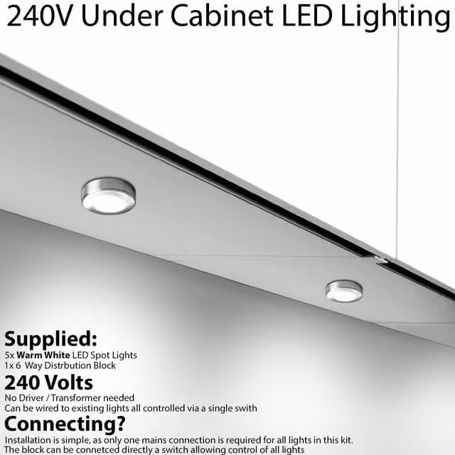 Loops 5x Brushed Nickel Round Under Cabinet Kitchen LED Light Kit, Warm White, Mains Powered