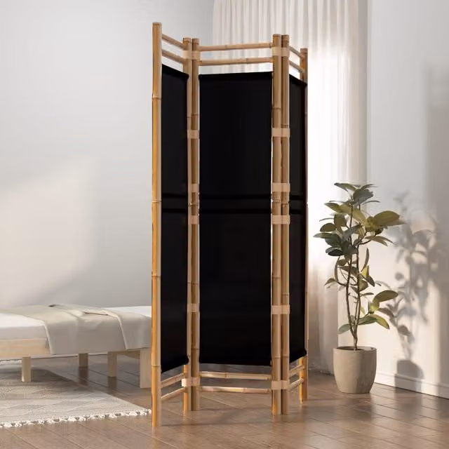 Berkfield Home 3-Panel Folding Room Divider in Black Bamboo and Canvas, Width: 120 cm