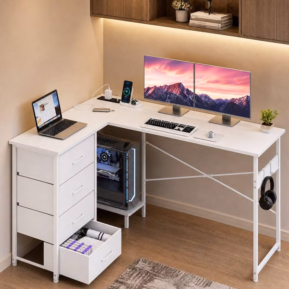 Levede Reversible L-shaped Corner Desk with 4 Drawers in White for Home Office or Gaming, W/D/H: 135 x 150 x 75 cm – 3