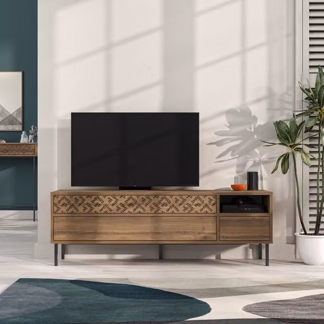 Decortie Modern Multimedia TV Unit with Storage in Brown and Yellow with Metal Accents, Width: 145 cm