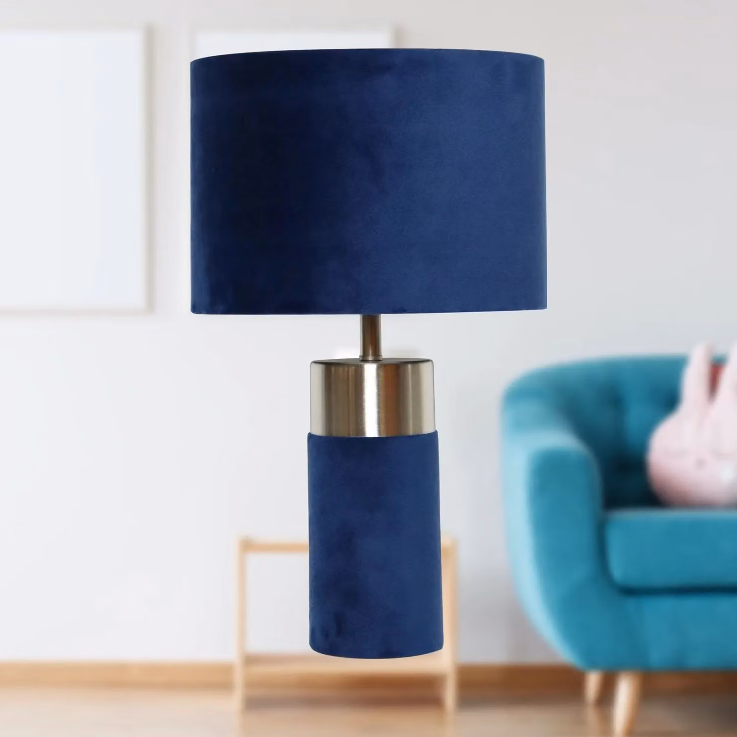 First Choice Lighting Navy Blue Velvet Table Lamp with Chrome Detail – 3