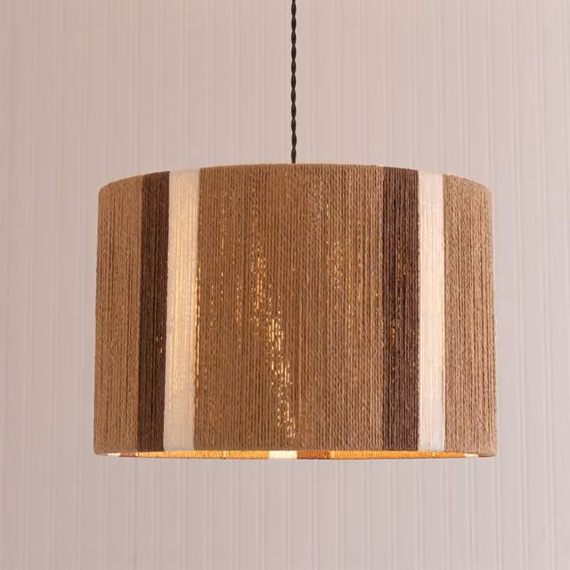 ValueLights Erica Stripe Pattern Rattan Wicker Drum Ceiling Lamp Shade with LED Bulb in Natural Brown and Beige