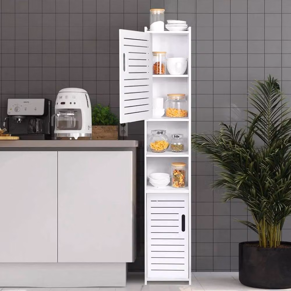FLAVORA 5 Tier White Bathroom Floor Cabinet with Hinged Doors and Open Shelving – 5