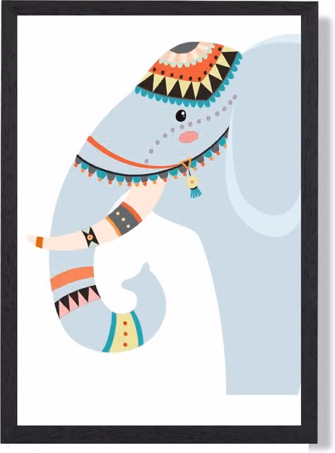 ARTZE Peeking Elephant Tribal Animal Framed Print in Pale Blue and Black