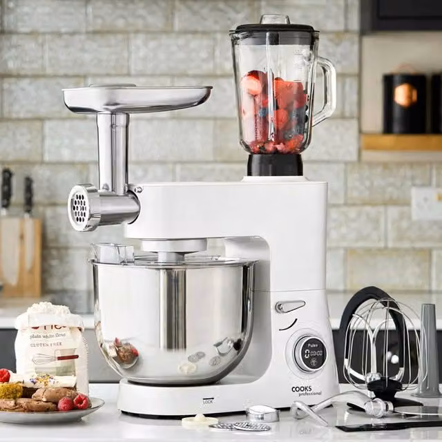 Cooks Professional Multi-Function 8L Digital Stand Mixer 1800W with Digital Display and Sausage Stuffer, White