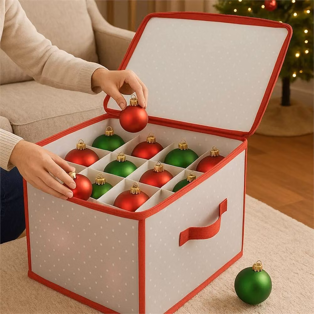 Nordara Foldable Fabric Christmas Bauble Storage Box and Ornament Organiser in White – 3