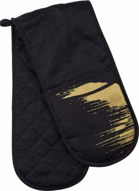 Orsina Double Oven Glove in Black and Gold with Bold Geometric Pattern and Quilted Cotton Padding – 1