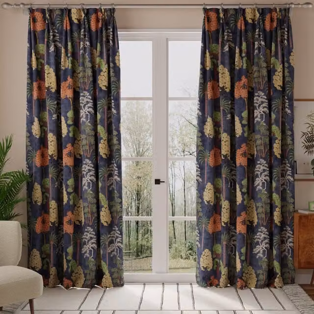Linda Barker Bonsai Garden Blue Velvet Made to Measure Opaque Floral Curtains