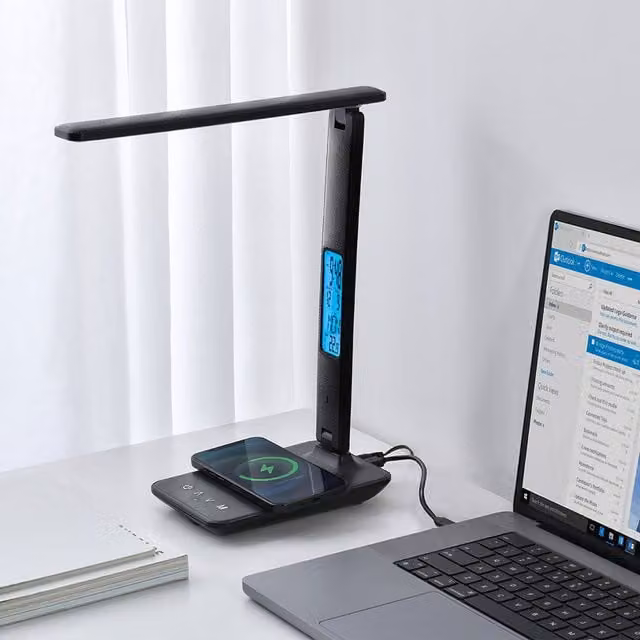 Livingandhome Foldable LED Table Lamp with Wireless Charger in Black