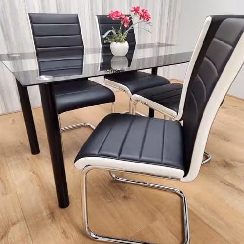 Kosy Koala Modern Rectangular Dining Set with Clear Glass Table and 4 Black and White Leather Chairs – 2
