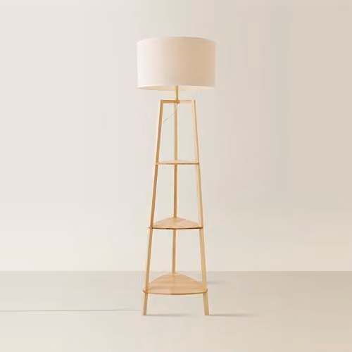 ValueLights Hiru 3 Tier Wooden Shelf Floor Lamp with White Fabric Drum Shade – 1