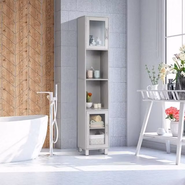 Kelvenix Modern Slim Free-Standing Tall Bathroom Cabinet in Grey with Glass Doors and Internal Shelves, H: 180 cm
