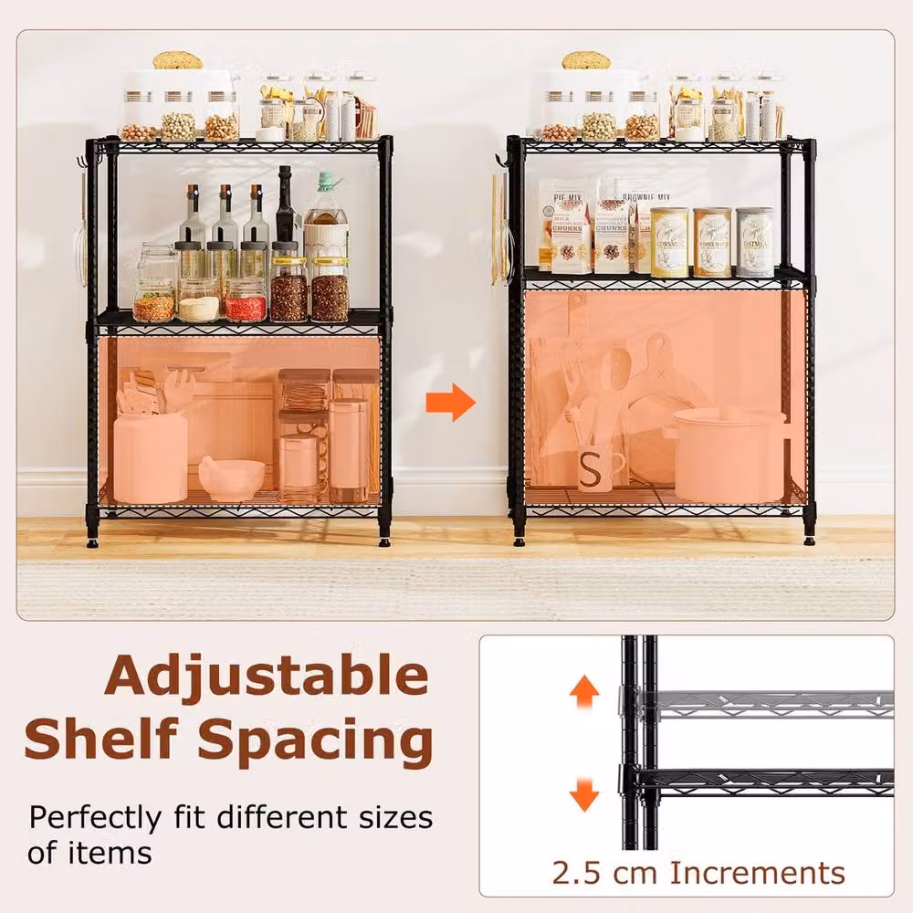 VOGREX 3-Tier Adjustable Metal Wire Shelving Unit in Matt Black – 3