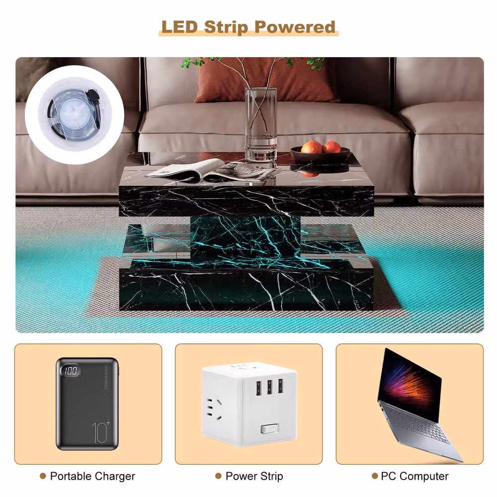 KEEPREAPER Modern Square Coffee Table with Storage and LED Light in Black Marble Finish – 7
