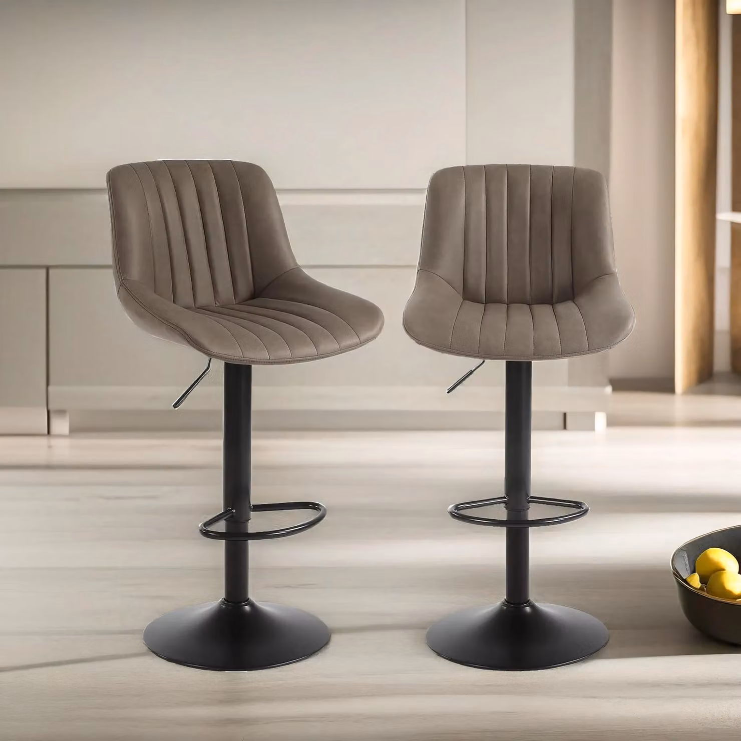 FURNOS Set of 2 Height Adjustable 360 Degree Swivel Barstools in Brown PU Leather – 1