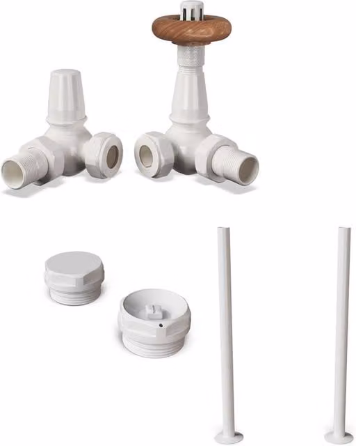 Derry Traditional Angle Thermostatic Radiator Valve Installation Kit with Thermostat Head in White and Chrome