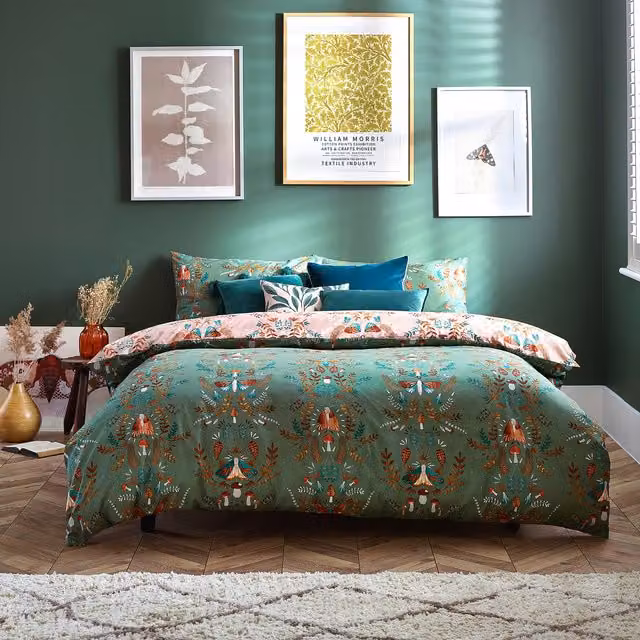 Make it a Home Reversible Floral Art Nouveau Duvet Cover Set in Green and Pink, 140 x 200 cm