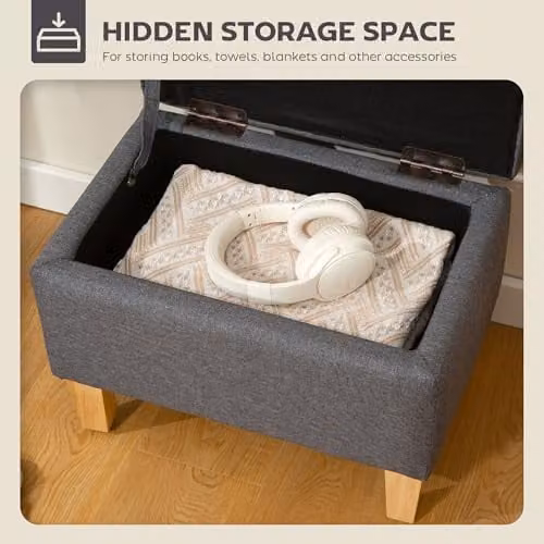 HOMCOM Linen Storage Ottoman with Padded Top and Rubberwood Legs, Grey – 4