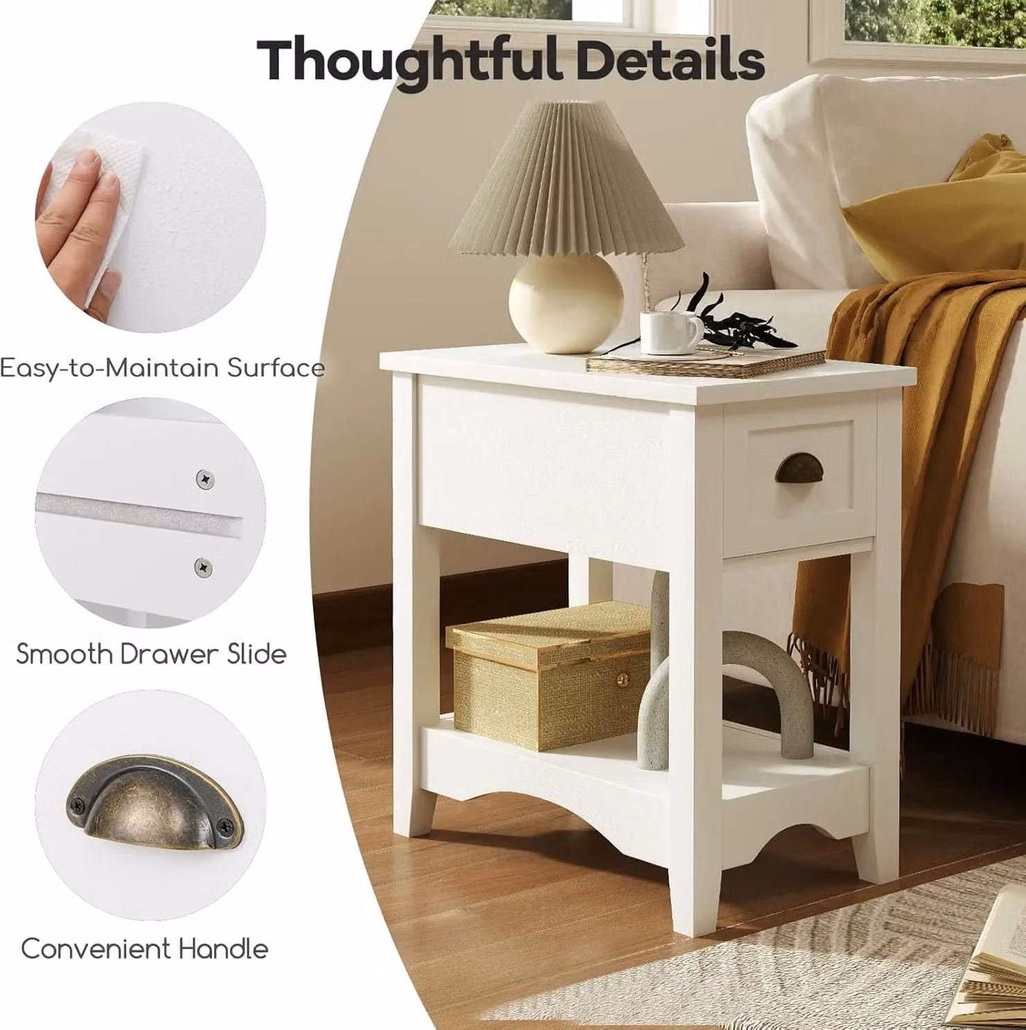 Gymax Retro Side Table and Nightstand with 1 Drawer and Solid Wood Legs in White – 5