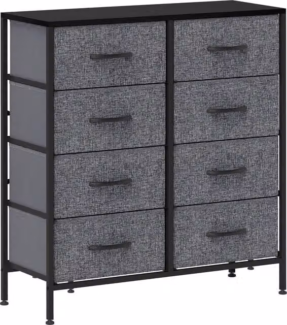HOMCOM Industrial Fabric Chest of Drawers with 8 Drawers, Steel Frame and Wooden Top, Black and Grey