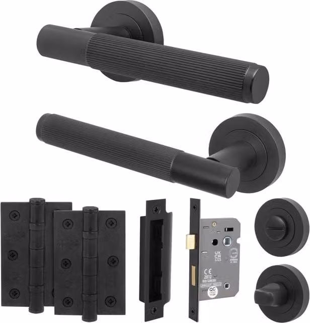 AFIT Matt Black Aluminium Bathroom Door Handle Set with Lock and Hinges, W/D/H: 15 x 15 x 15 cm