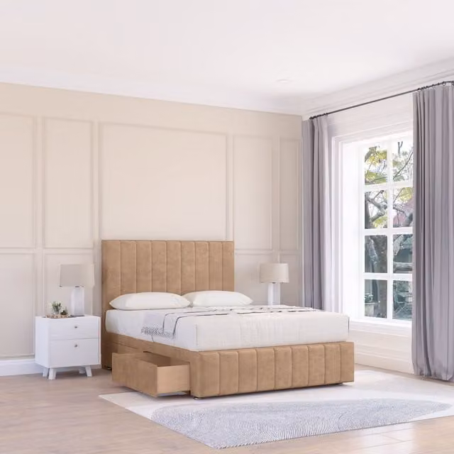 Sloomy Manhattan Upholstered Divan Bed Base and Floor Standing Headboard in Beige, W/D/H: 140 x 200 cm