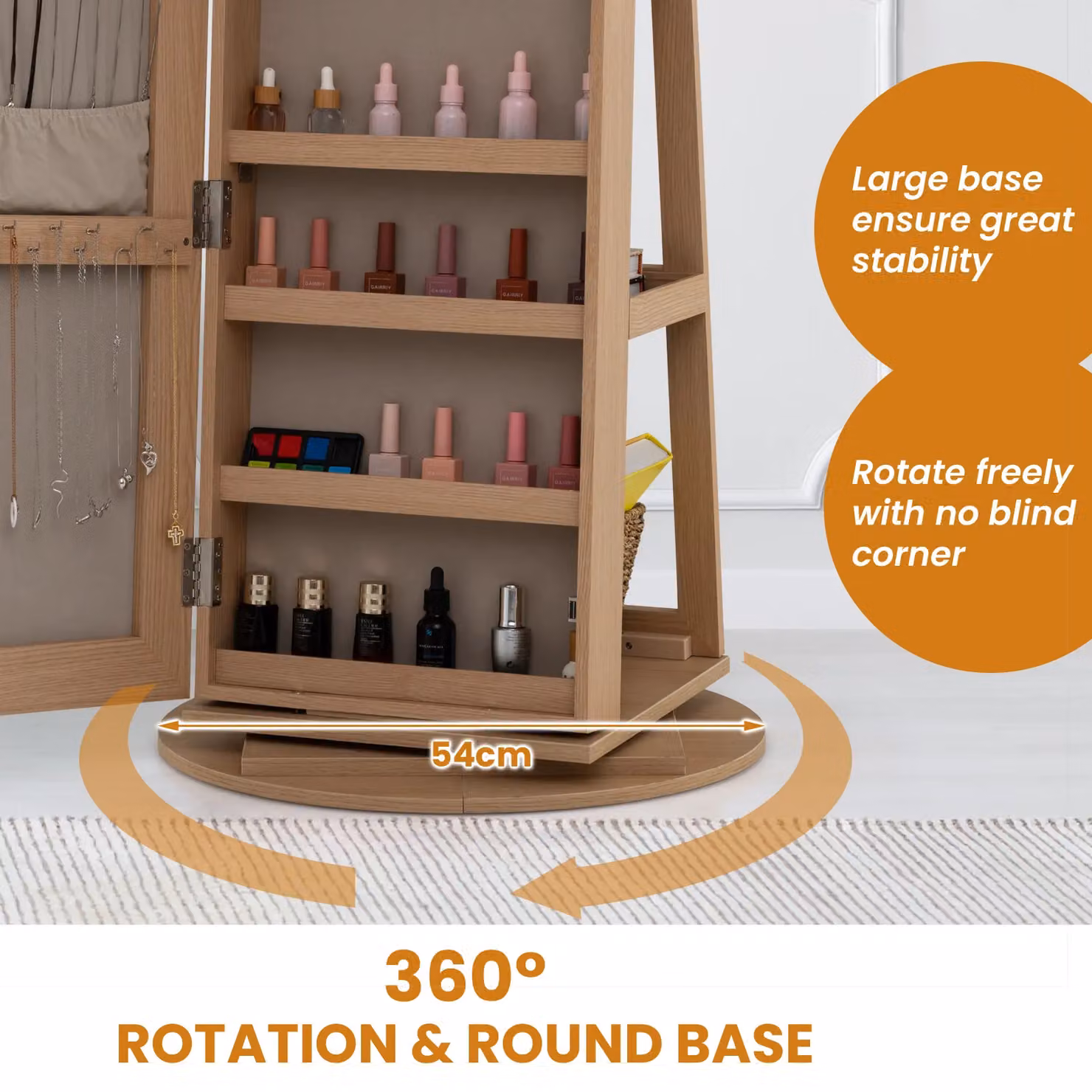 Costway 360 Rotating Standing Jewelry Armoire and Makeup Cabinet with LED Lighting and Lock in Natural Wood Finish – 6