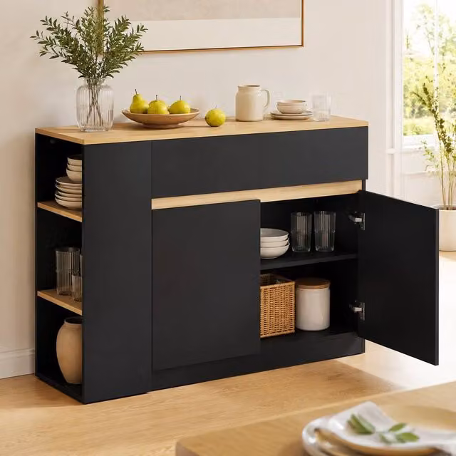 STILVORA Modern Kitchen Island in Black with 2 Doors, 1 Drawer and 3 Open Shelves, H: 110 cm, W: 82 cm, D: 29.5 cm – 1