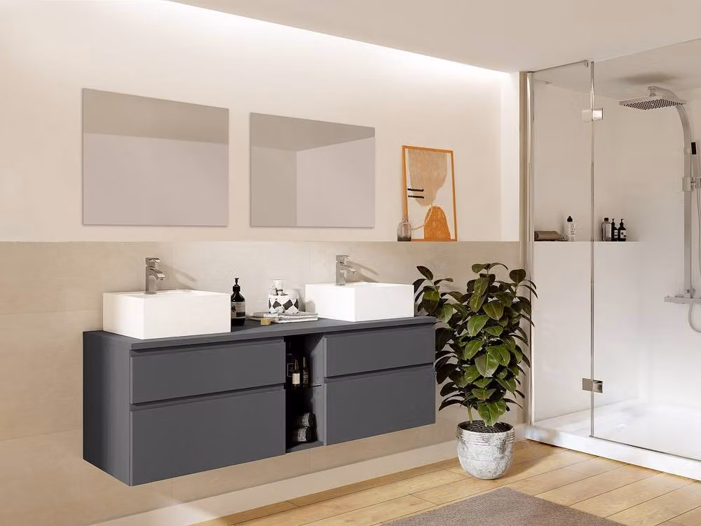 Vente-unique Modern Wall-Mounted Grey Bathroom Vanity Unit with Double Sink and Mirrors W/D/H: 150 x 50 x 46 cm – 2
