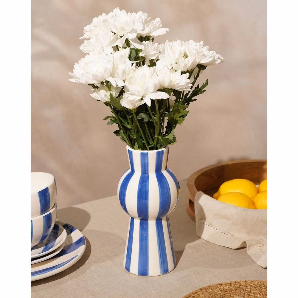 Hestia Blue and White Striped Ceramic Tall Tabletop Vase – 2