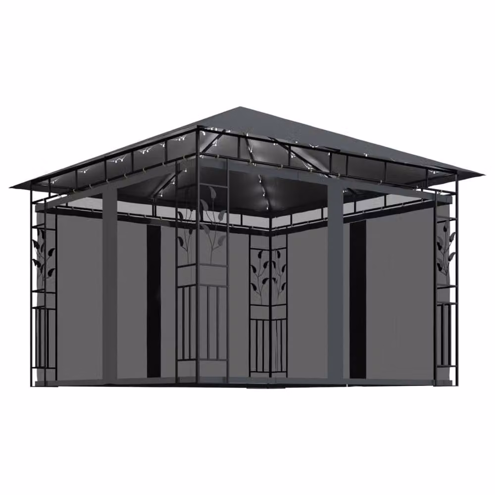 Berkfield Home Gazebo with Mosquito Net and LED String Lights, Anthracite, W/D/H: 300 x 300 x 273 cm – 3