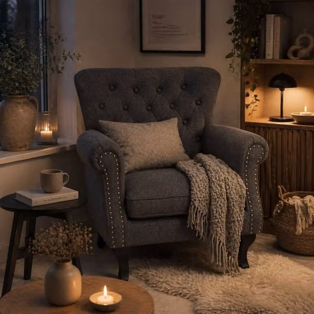 Wyld Haus Rolu Zimo Dark Grey Chesterfield Fabric Accent Chair – 1