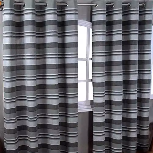 Homescapes Grey Cotton Morocco Striped Eyelet Curtain Pair, Width: 140 cm, Drop: 137 cm – 4