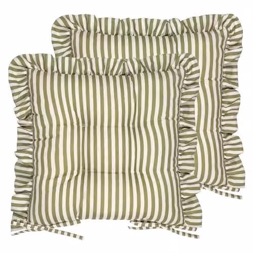 Riva Home Millie Ruffle Seat Pads, Pack of 2, Green Heritage Stripe Indoor Outdoor Dining and Patio Chair Cushions with Ties, W/D/H: 40 x 40 x 40 cm – 1