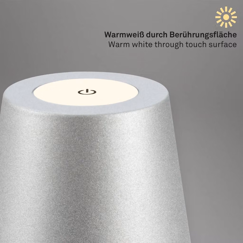 Briloner Rechargeable LED Table Lamp, Matt Chrome and Silver, IP44 Dimmable Warm White Light – 6