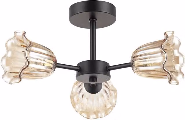 Happy Homewares Modern Matte Black Ceiling Light with Amber Glass Shades – 1
