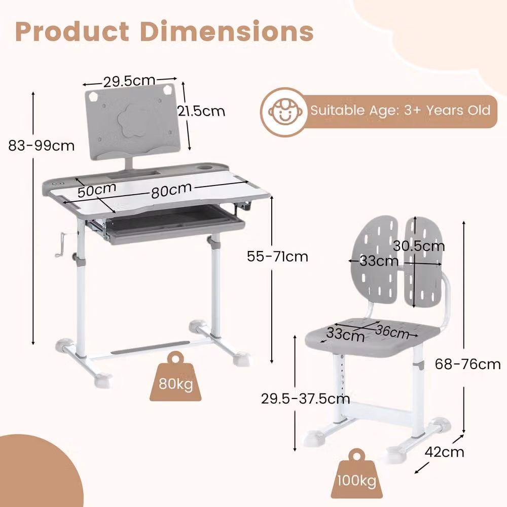 Costway Kids Height-Adjustable Study Desk and Chair Set with Tilting Desktop in Grey – 2