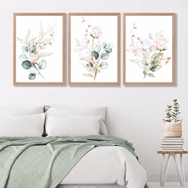 ARTZE Pink Floral Roses Set of 3 Botanical Wall Art Prints with Oak Wood Frame
