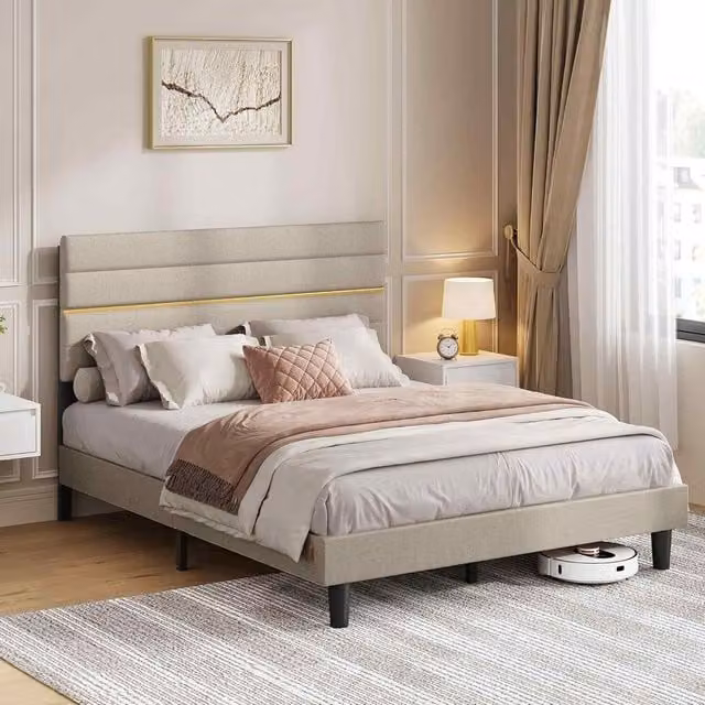 The Bazaarist Modern Double Bed Frame with Adjustable Upholstered Headboard in Beige and Brown, W/D/H: 140 x 200 x 135 cm