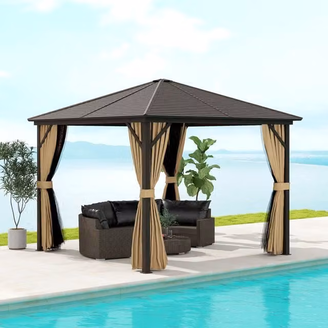 Outsunny Hardtop Gazebo with Netting and Curtains in Brown