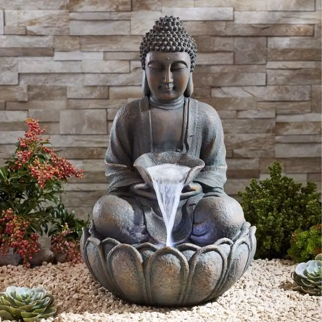 Serenity Antique Bronze Sitting Buddha Tabletop Cascade Water Feature with LED Lighting in Grey