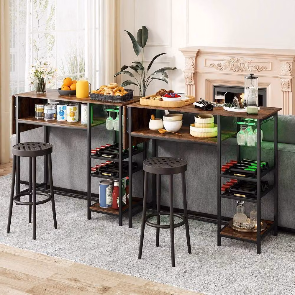 NESTLUNE Brown Counter Height Bar Table with Foldable Drop Leaf Top and Bottle Holders, W: 100 cm, D: 15 cm, H: 95 cm – 3